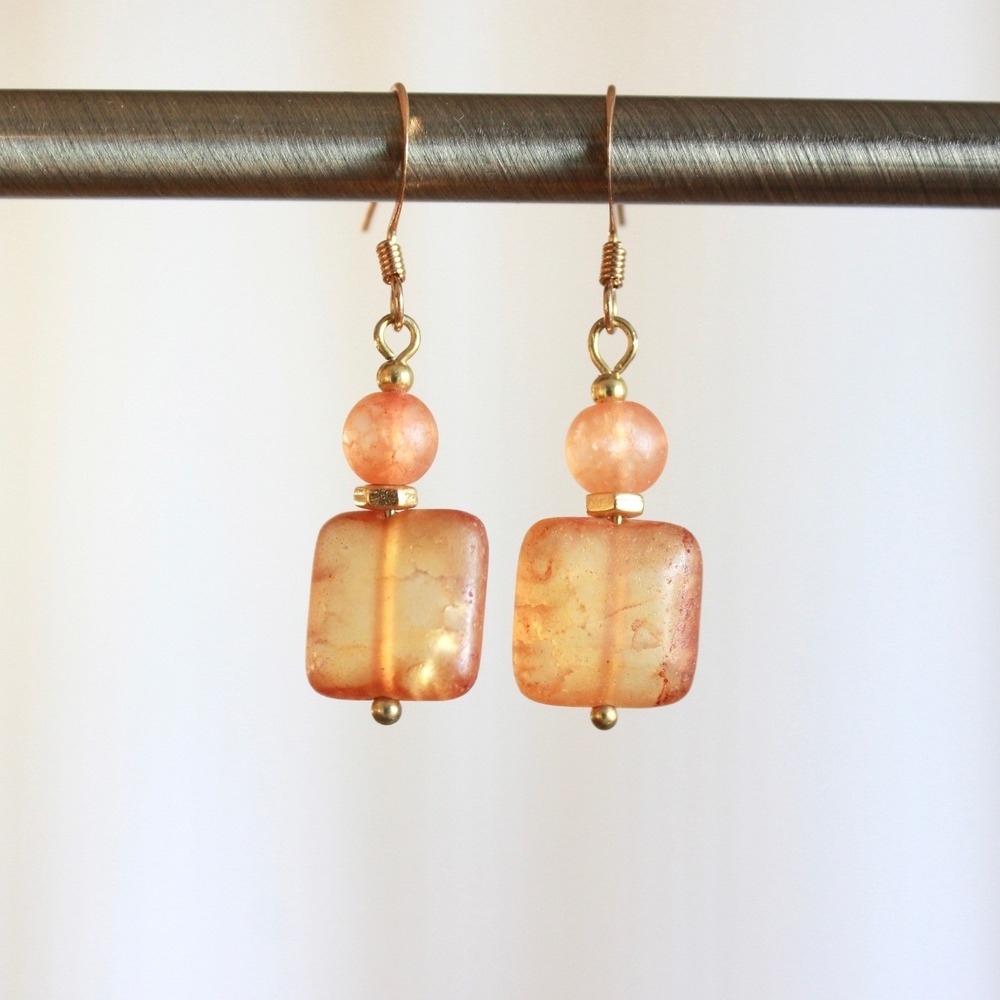 Unbranded Peach Amber Stone Drop Earrings Gold Tone Bohoโ Rectangle H1